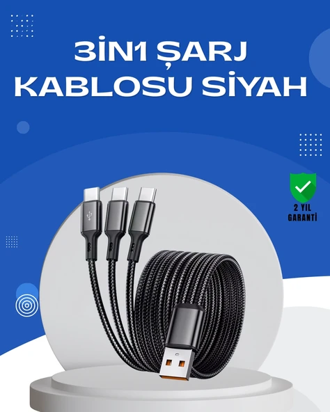 Evrensel 3 Başlıklı Şarj Kablosu – iPhone Huawei Samsung İçin ürün görseli 1