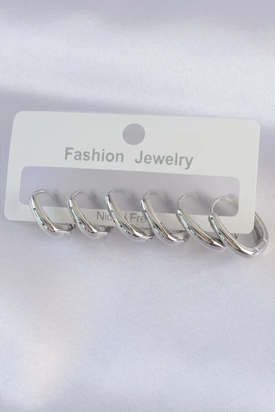 Pirinç Gümüş Renk Oval Küpe Seti ürün görseli 1