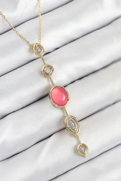 Pirinç Zincir Pembe Gold Renk Zirkon Taşlı Y Kolye ürün görseli 1
