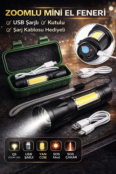 USB Şarjlı Zoomlu Mini El Feneri Q5 Güçlü Işık Yan COB LED SOS Mod Kutulu Şarj Kablolu Set ürün görseli 1
