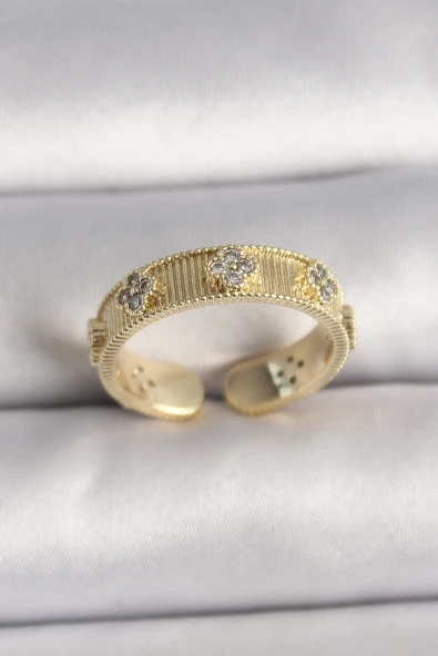 Pirinç Gold Renk Zirkon Taşlı Yonca İşlemeli Ayarlanabilir Yüzük ürün görseli 1
