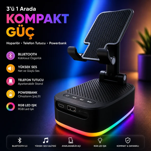 RGB LEDLİ 3 IN 1 TELEFON TUTUCU POWERBANK VE BLUETOOTH HOPARLÖR ÖZELLİKLİ TF KART VE USB BELLEK DESTEKLİ TAŞINABİLİR TELEFON TUTU ürün görseli 1