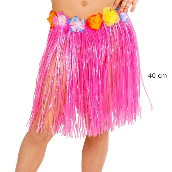Yetişkin ve Çocuk Uyumlu Pembe Renk Püsküllü Hawaii Luau Hula Etek 40 cm ürün görseli 1