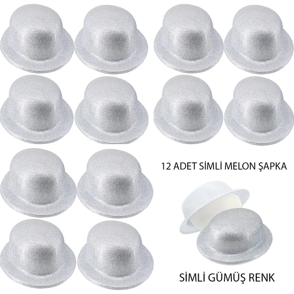 Gümüş Renk Simli Melon Yuvarlak Parti Şapkası 12 Adet ürün görseli 1