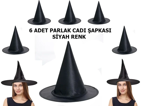 Siyah Renk Parlak Dralon Cadı Şapkası Yetişkin ve Çocuk Uyumlu 6 Adet ürün görseli 1