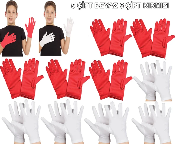 Çocuk Gösteri Eldiven Seti – 5 Çift Beyaz & 5 Çift Kırmızı ürün görseli 1