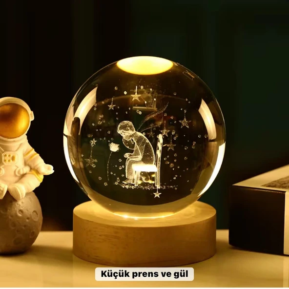 Küçük Prens Temalı Büyük Boy Işıklı Cam Küre Ahşap Stand ürün görseli 1