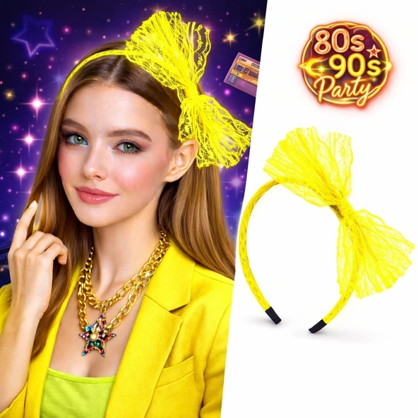 80’ler 90’lar Neon Sarı Dantel Taç Fiyonklu ürün görseli 1