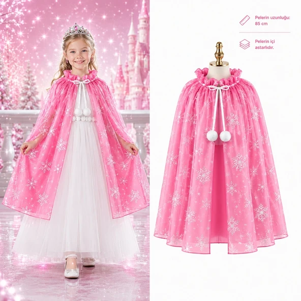 Kar Tanesi Desenli Pembe Elsa Pelerini - Astarlı Frozen Pelerini 85 cm ürün görseli 1