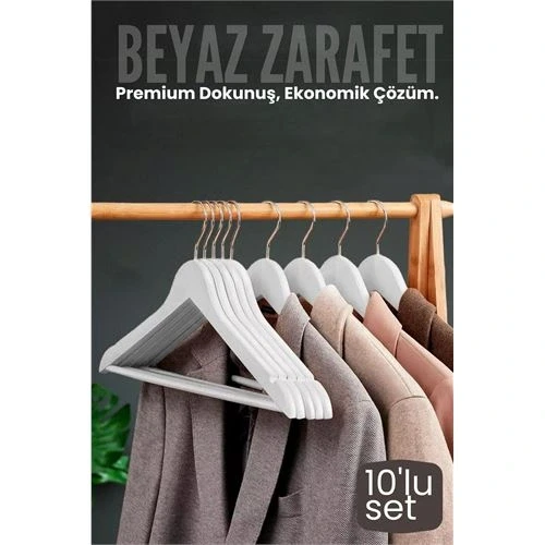 10'lu Lüks Beyaz Elbise Ceket Askısı - Ergonomik & Kaymaz Plastik Askı Seti -  Ahşap Görünümlü 722533 ürün görseli 1