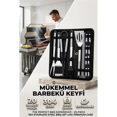 Profesyonel Barbekü Seti 20 Parça Çantalı Paslanmaz Çelik Mangal Maşa Spatula Fırça Şiş 723132 ürün görseli 1
