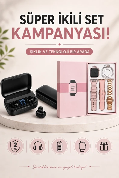 Wireless Şarjlı Pembe Akıllı Saat ve Kablosuz Bluetooth Kulaklık Dokunmatik Kontrol ürün görseli 1