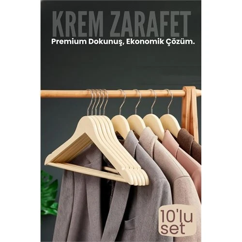 10'lu Lüks Krem Elbise Ceket Askısı - Ergonomik & Kaymaz Plastik Askı Seti -  Ahşap Görünümlü 722534 ürün görseli 1