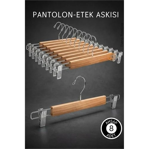 8 Adet Ahşap Pantolon Etek Askısı - Ayarlanabilir Gümüş Mandallı 36cm Organizer Set 719305 ürün görseli 1