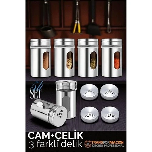 Cam+Çelik Tuzluk Biberlik Karabiberlik 3 Farklı Delikli 5 li SET 721945 ürün görseli 1
