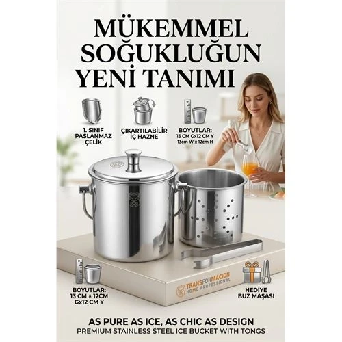 Paslanmaz Inox Parlak Çelik Buz Kovası Seti - Süzgeçli ve Buz Maşası Hediyeli 723145 ürün görseli 1