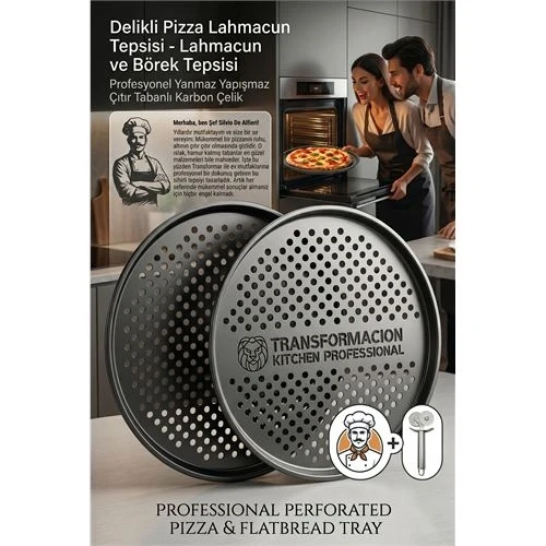 Profesyonel Delikli Pizza Tepsisi 32 cm - Yanmaz Yapışmaz Çıtır Tabanlı Karbon Çelik Lahmacun ve Börek Tepsisi 723292 ürün görseli 1
