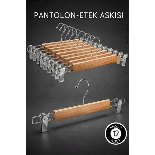 12 Adet Ahşap Pantolon Etek Askısı - Ayarlanabilir Gümüş Mandallı 36cm Organizer Set ürün görseli 1