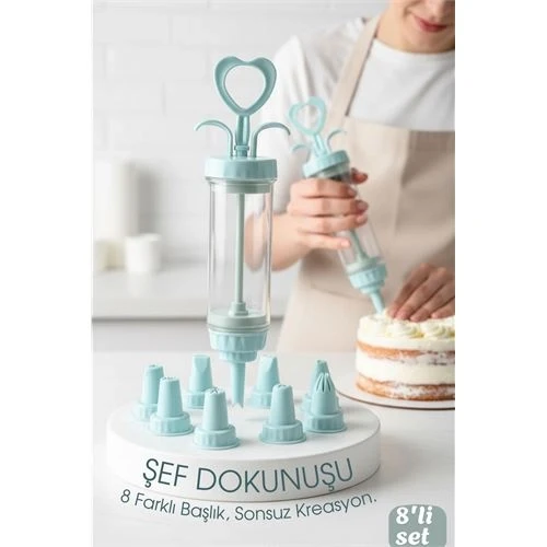 Profesyonel 8'li Başlıklı Pasta Krema Süsleme Pompası Seti Enjektör Uçlu 722555 ürün görseli 1
