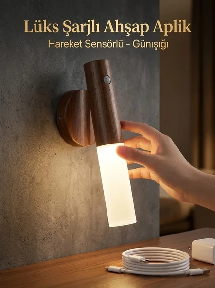 Hareket Sensörlü Kablosuz LED Aplik Şarjlı Ahşap Renk Günışığı Duvar Lüks Lambası ürün görseli 1