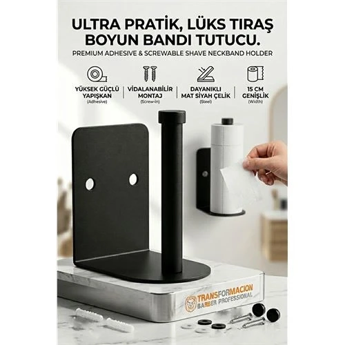 Mat Siyah Metal Berber Boyun Kağıdı Tutucu Askısı (Yapışkanlı & Vidalı) 723023 ürün görseli 1