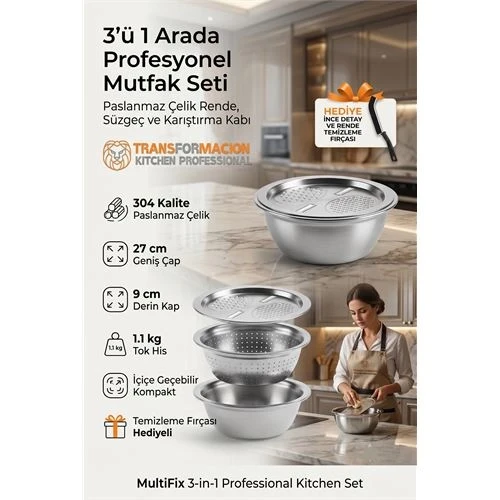 3'ü 1 Arada Profesyonel Mutfak Seti - Paslanmaz Çelik Rende, Süzgeç ve Karıştırma Kabı (27 cm) 723296 ürün görseli 1
