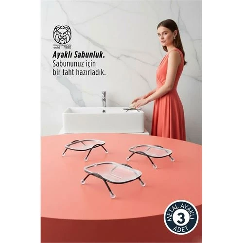 3 lü Ayaklı Sabunluk – Su Giderli, Şeffaf Tasarım, 12 x 9 cm, Tezgah Üstü Kullanım ürün görseli 1