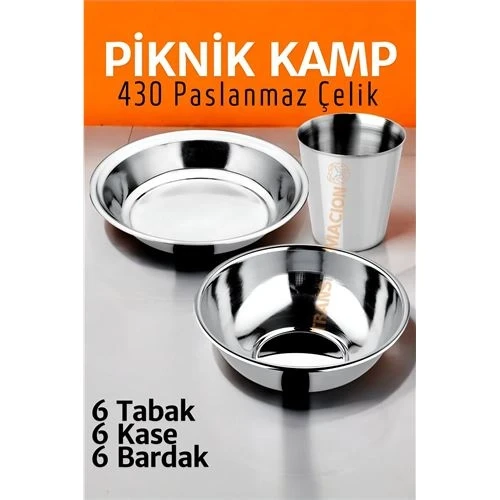Paslanmaz Çelik Tabak Kase Bardak Seti Kamp Piknik Seti 18 adet 721505 ürün görseli 1