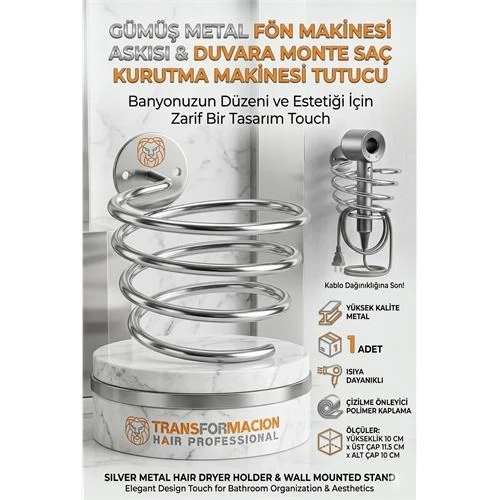 Gümüş Metal Fön Makinesi Askısı Duvara Monte Saç Kurutma Makinesi Tutucu 719681 ürün görseli 1