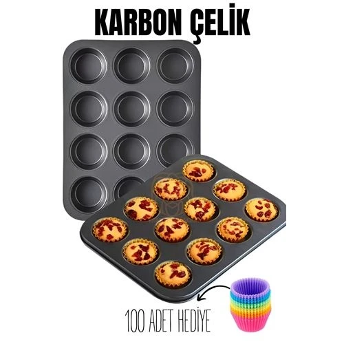 12 li Muffin Kalıbı Teflon Çelik 100 Muffin Kağıtlı 719516 ürün görseli 1