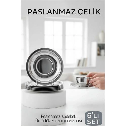 Paslanmaz Çelik Çay Tabağı Seti - Premium 304 Kalite  6 Parça Lüks Aynalı Parlaklık ve Modern Tasarım ürün görseli 1