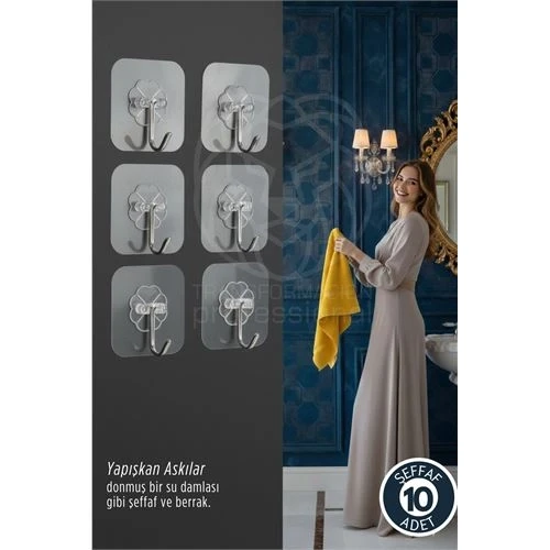 10'lu Şeffaf Yapışkanlı Askı, Mutfak Banyo Duvar Askısı, Çivisiz Pratik Kanca Seti ürün görseli 1