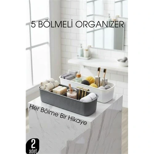 5 Bölmeli Banyo ve Makyaj Organizer Kutusu Gri & Beyaz 2’li Set  Tezgah Üstü Düzenleyici ürün görseli 1