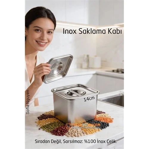 Premium Inox Saklama Kabı - Hava Sızdırmaz Mutfak Düzenleyici 14x11 cm 304 Paslanmaz Çelik ürün görseli 1