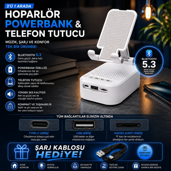 3 Ü 1 ARADA BLUETOOTH HOPARLÖR POWERBANK VE TELEFON TUTUCU ÖZELLİKLİ TF KART VE USB BELLEK DESTEKLİ TELEFON TUTUCULU BLUETOOTH HOPARLÖR ürün görseli 1