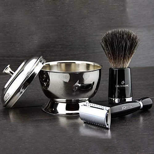 Yeni Jagshaving 3 parçalı tıraş seti siyah sentetik porsuk kıl fırçası ve klasik iki taraflı tıraş bıçağı + paslanmaz çelik tıraş kasesi > Eski usul tıraş için yeni başlık modelleri ürün görseli 1