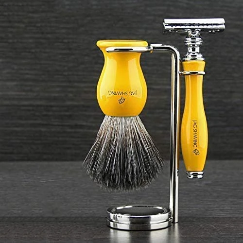 Geleneksel Klasik De Safety Islak Tıraş Seti - Siyah Sentetik Porsuk ve Çift Taraflı Jiletli Tıraş Makinesi + Paslanmaz Çelik Jilet Standı > Özel Sarı Seçimi - Premium Kırılmaz Reçine Saplar ürün görseli 1