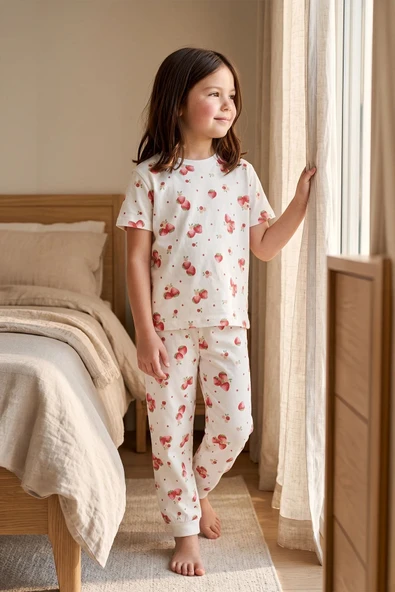 Çilek Desenli Kısa Kollu %100 Pamuk Kız Çocuk Pijama Takımı ürün görseli 1