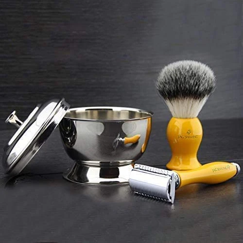3 Parça Set Gümüş Uçlu Sentetik Porsuk ve Klasik Çift Taraflı Tıraş Bıçağı + Kapaklı Paslanmaz Çelik Tıraş Kasesi > Jagshaving tarafından Sarı Renkte Tasarlanmıştır - Premium Kırılmaz Reçine Saplar ürün görseli 1