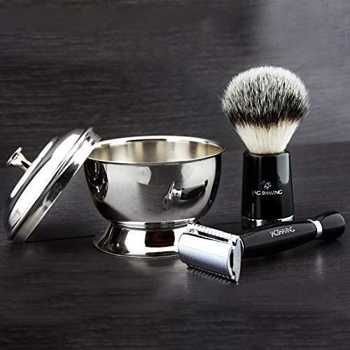 Modern Classics - Black De Safety Geleneksel Islak Tıraş Seti - 3 Parçalı Set Gümüş Uçlu Sentetik Porsuk Saç Fırçası ve Klasik İki Taraflı Tıraş Makinesi + Paslanmaz Çelik Tıraş Kasesi ürün görseli 1