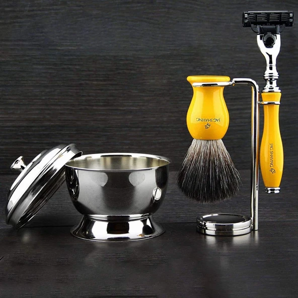 Jag Shaving Sarı Erkek Tıraş Seti 3 Kenarlı Jilet, Tıraş Fırçası, Tıraş Standı ve Tıraş Kasesi ürün görseli 1
