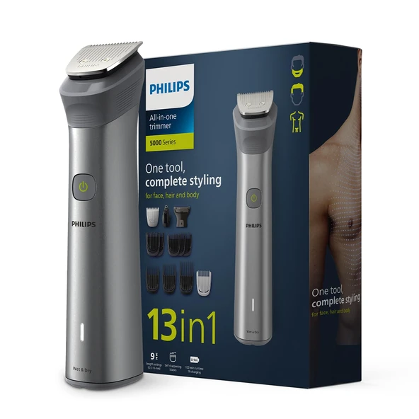 Philips MG5930/65 Erkekler için Hepsi Bir Arada Şarj Edilebilir Kablosuz Yüz, Baş ve Vücut Tüy Alma Makinesi (120 Dakika Çalışma Süresi, Beard Sense Teknolojisi, Gümüş) ürün görseli 1