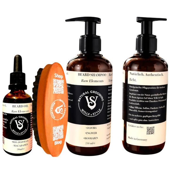 Erkekler için sakal bakım seti - Wille & Style Sakal Paketi - Sakal yağı 50 ml & Sakal şampuanı 250 ml & domuz kıllı sakal fırçası - Günlük bakım ve temizlik - Hediye seti ürün görseli 1