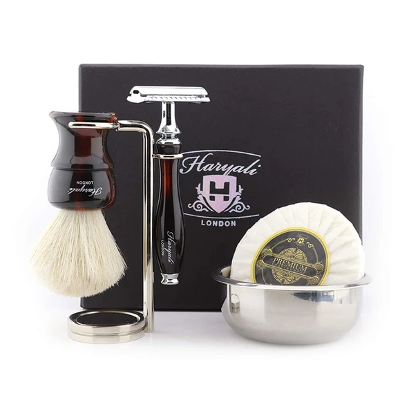 Haryali London 5 Parça Erkek Tıraş Seti, Beyaz Porsuk Tüylü Çift Taraflı Jilet, Stand, Kase ve Sabun, Erkekler için Mükemmel Set ürün görseli 1