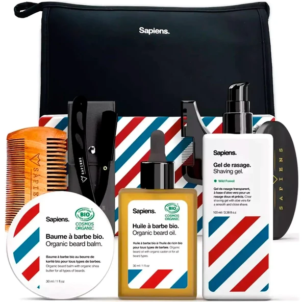 Erkekler için sakal bakım seti Sapiens BarberShop - organik sakal yağı, organik sakal kremi, tıraş jeli içeren erkek sakal seti - jilet, sakal fırçası, sakal tarağı, sakal şablonu, makyaj çantası ürün görseli 1