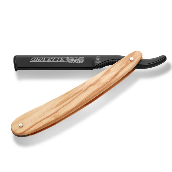 DOVO Shavette tıraş makinesi, zeytin ağacı saplı ve siyah eloksallı başlık, tıraş bıçağı, değiştirilebilir bıçaklar, berber tıraş bıçağı, çift kenarlı ürün görseli 1