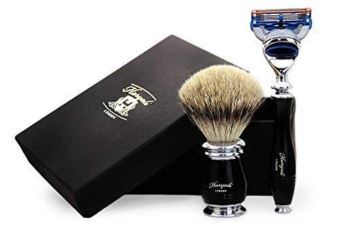 Jilet ve tıraş fırçası seti | Tıraş fırçası gümüş uçlu porsuk kılından yapılmıştır. 5 kenarlı tıraş makinesi - siyah saplı ürün görseli 1