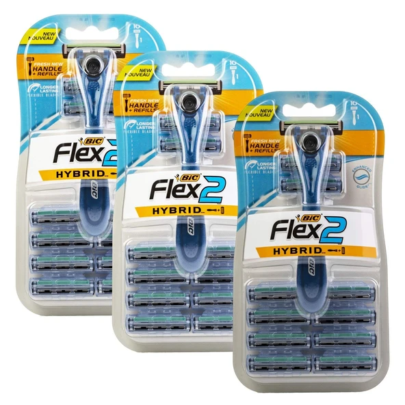 Bic Flex 2 Hibrit Tıraş Makinesi - Paket Başına 1 Sap ve 10 Kartuş - 3 Paket ürün görseli 1