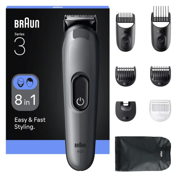 Braun Series 3 çok işlevli vücut bakım seti, 8'i 1 arada, son derece keskin bıçak, 14 uzunluk ayarı, sakal ve saç ayarları, 50 dakikalık hareket süresi, hızlı ve kolay şekillendirme, AIO3540 ürün görseli 1