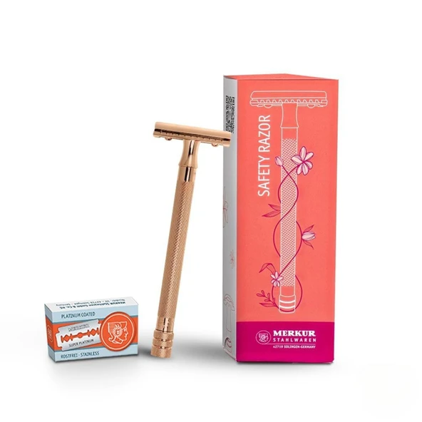MERKUR 24G kadın tıraş makinesi, 10 premium tıraş bıçağıyla | ekstra uzun sap | Üç parçalı tıraş makinesi | düz kesim | Gül altın | Almanya'da yapıldı ürün görseli 1